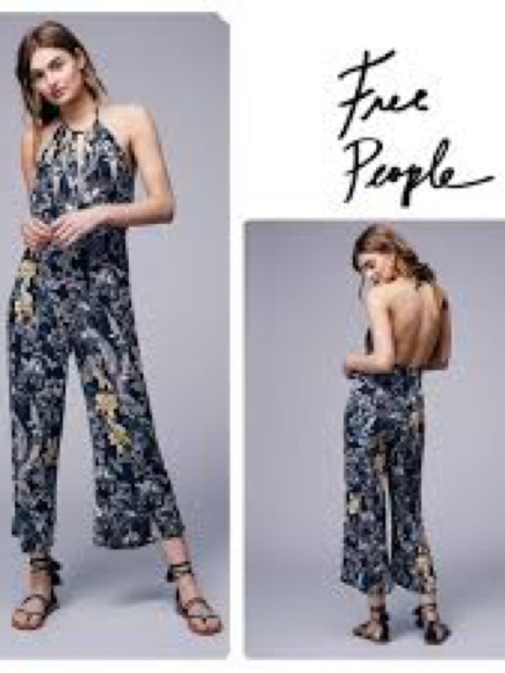 Free People black Floral Halter Backless Jumpsuit